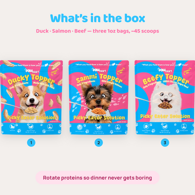 What is in the box β Ducky, Sammi and Beefy toppers, three 1oz bags, about 45 scoops