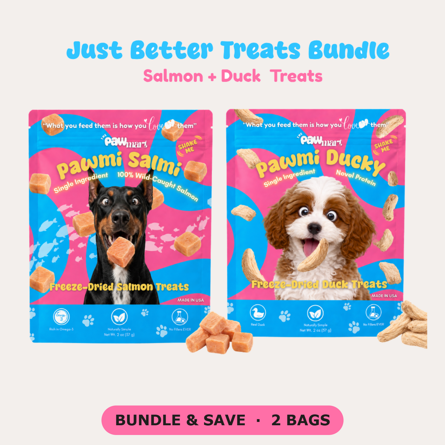 Just Better Treats Bundle — Pawmi Salmi + Pawmi Ducky freeze-dried treats, two bags