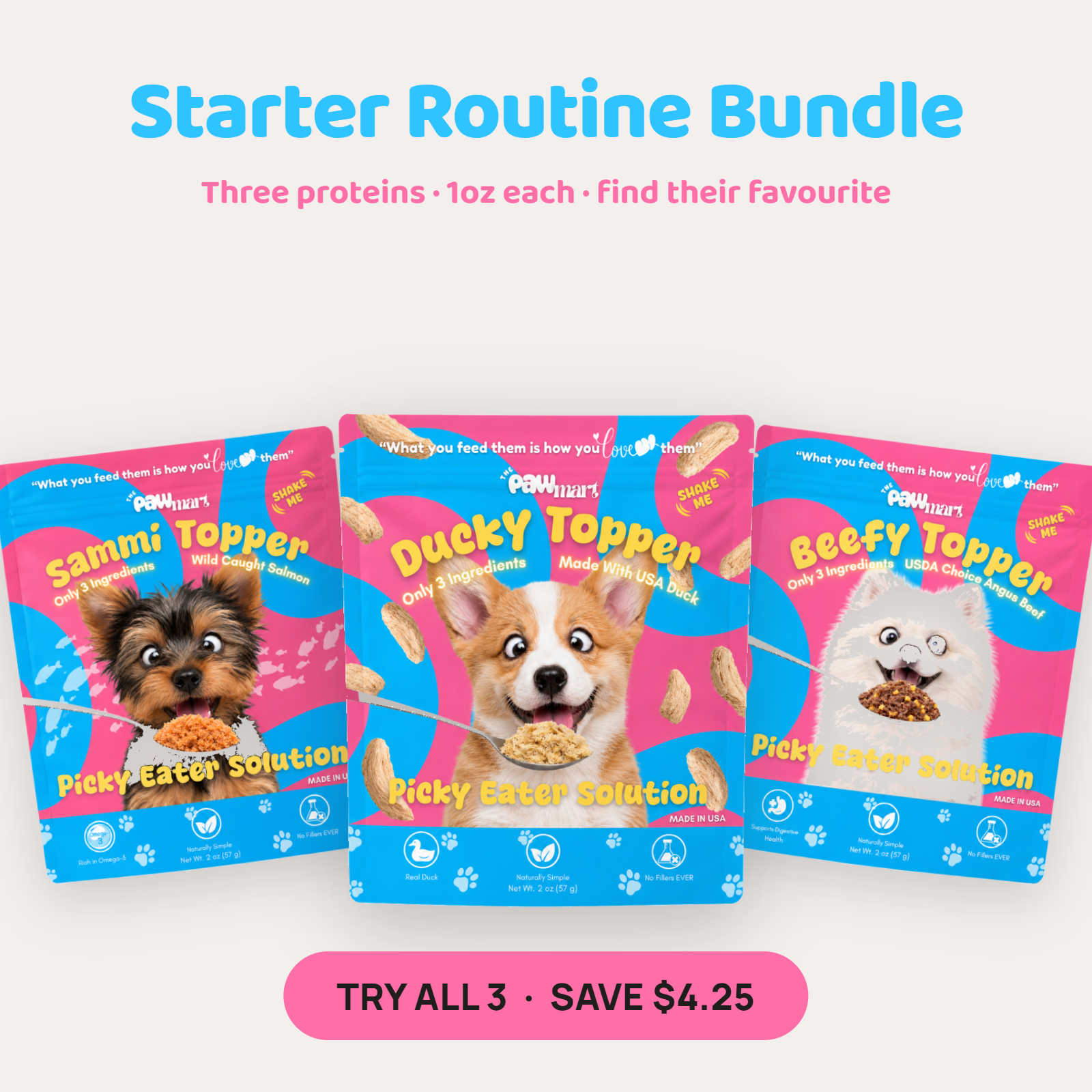 Starter Routine Bundle — Duck, Salmon and Beef freeze-dried toppers, three 1oz bags, save $4.25
