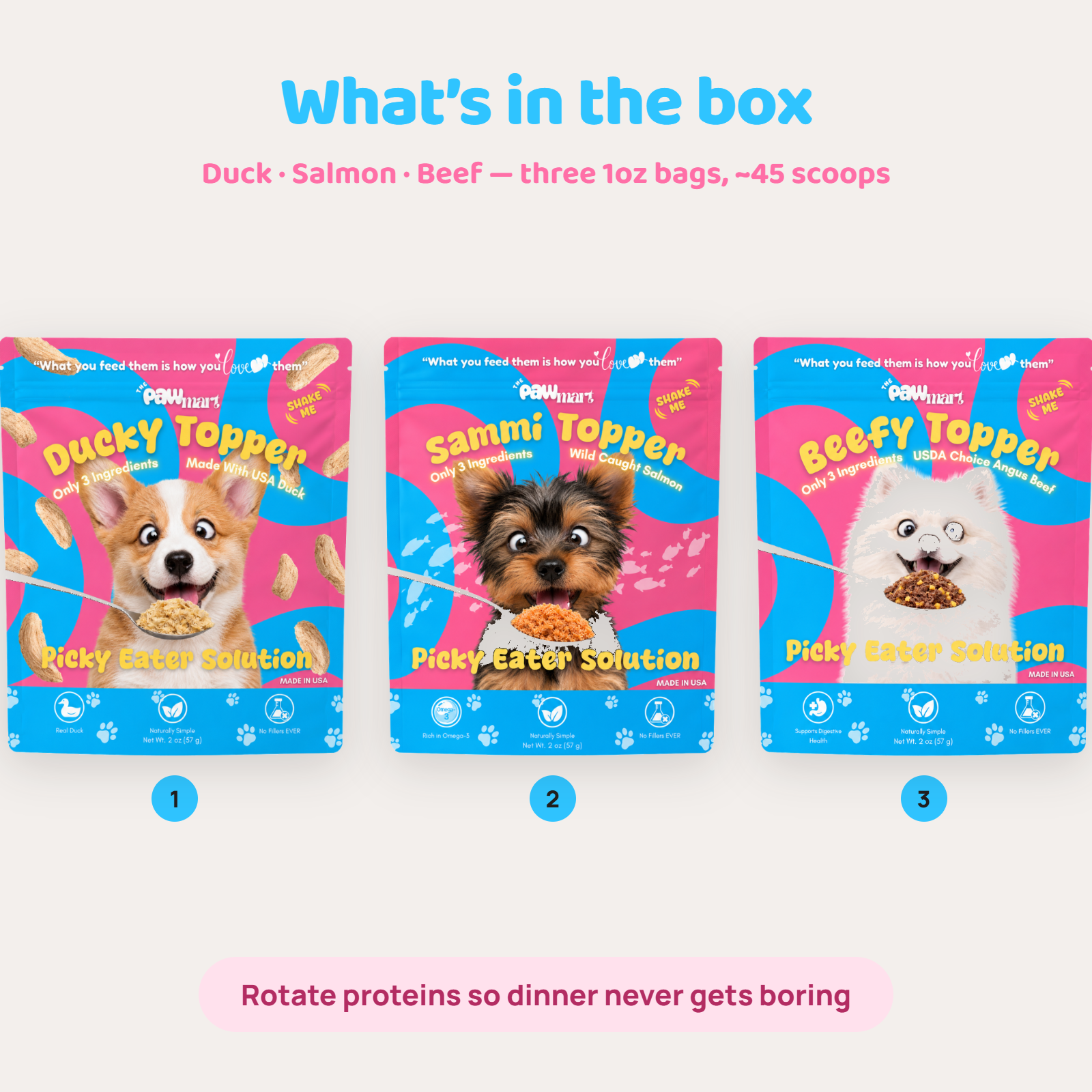 What is in the box — Ducky, Sammi and Beefy toppers, three 1oz bags, about 45 scoops