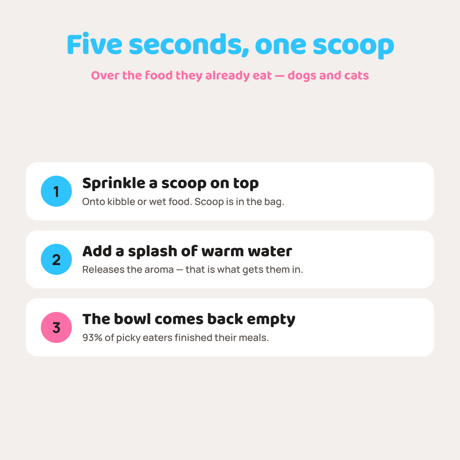 How to use a topper — sprinkle a scoop, add warm water, watch the bowl come back empty