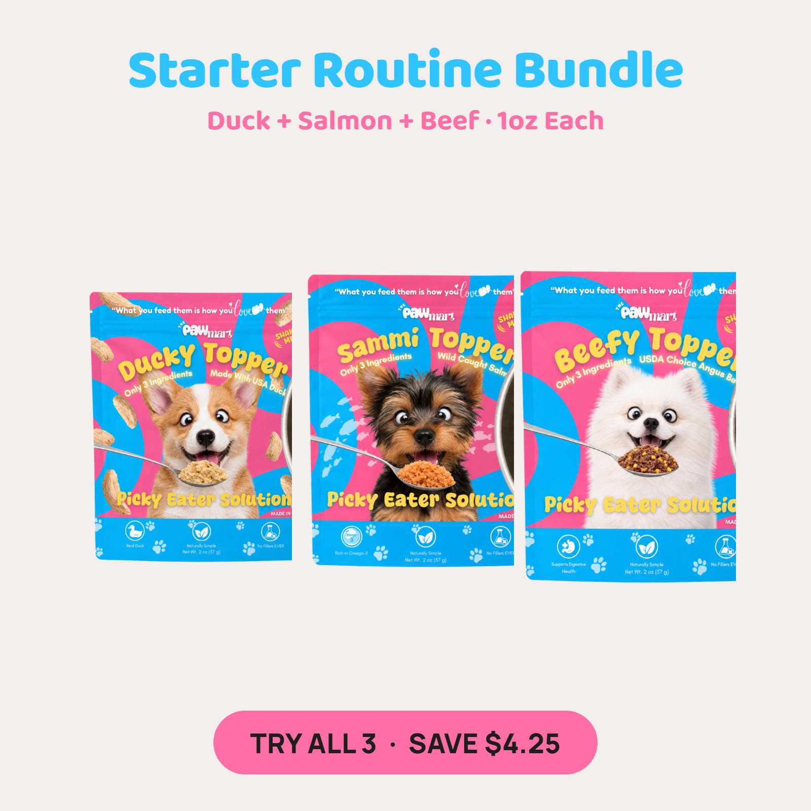 Starter Routine Bundle — Ducky, Sammi and Beefy freeze-dried toppers, 1oz each
